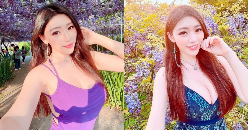 比基尼季節到啦！美乳正妹「謝立琪 Kiki」賞紫藤花，性感爆乳辣到不行！
