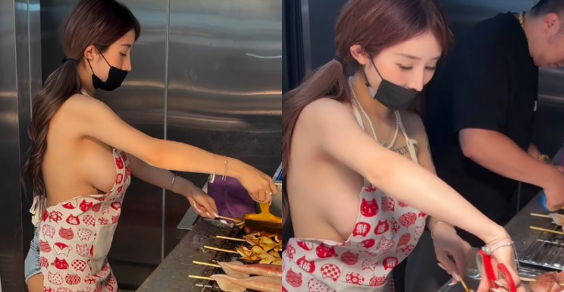 士林夜市烤魷魚攤老闆娘因炭火太熱只穿裸體圍裙就上工！