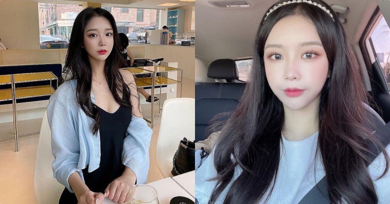 穿深V黑色低胸裝的「咖啡廳正妹」，「香肩外露」有夠誘人！